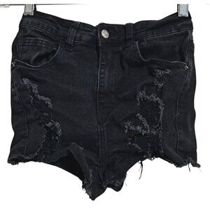 Shein Black Distressed High-Waisted Denim Mom Shorts XS
